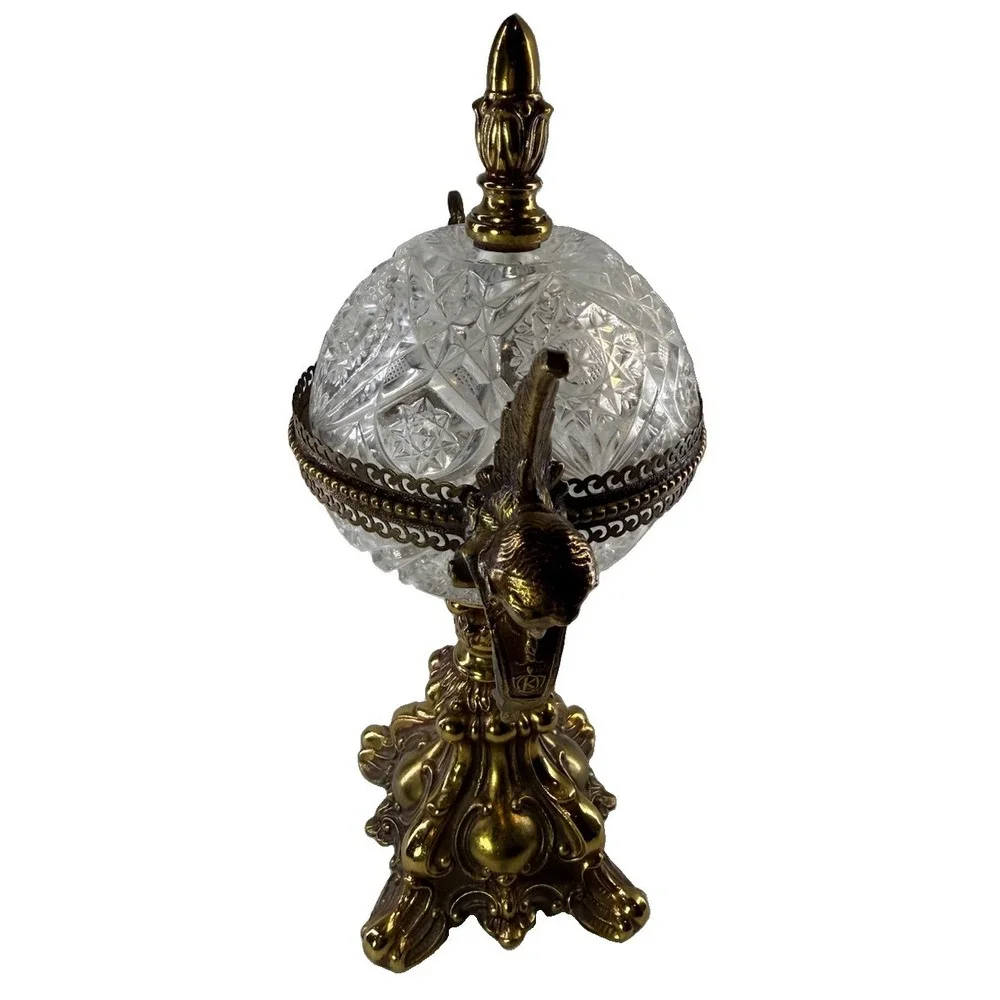 Vintage Hollywood Regency Cut Crystal Candy Dish Brass Cherub Lidded Compote